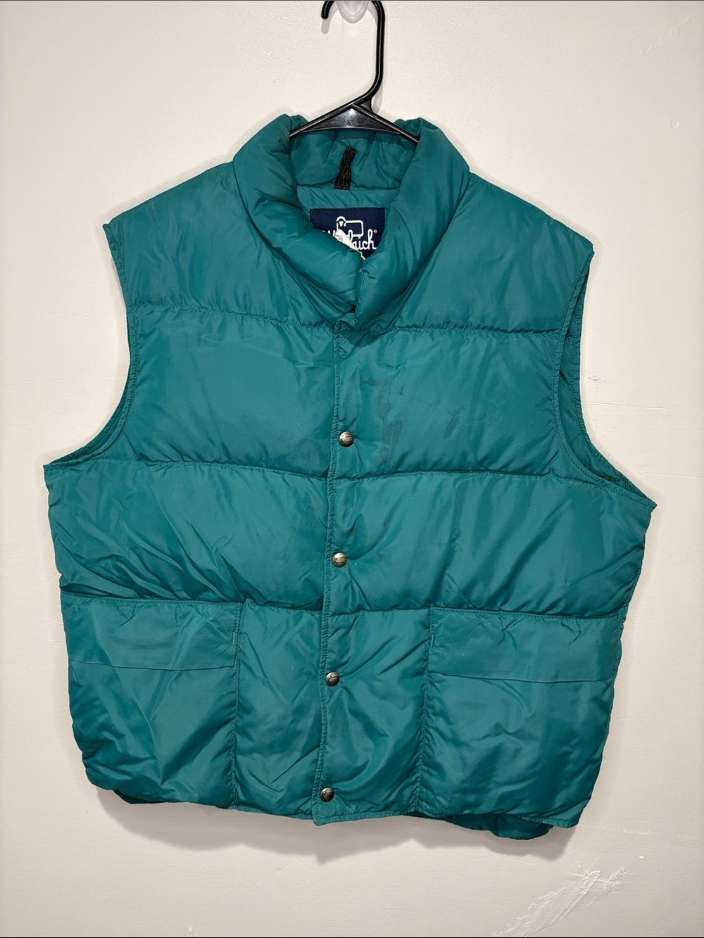 Vintage Woolrich Men’s L Spruce Green Puffer Vest Made in USA Snap Front